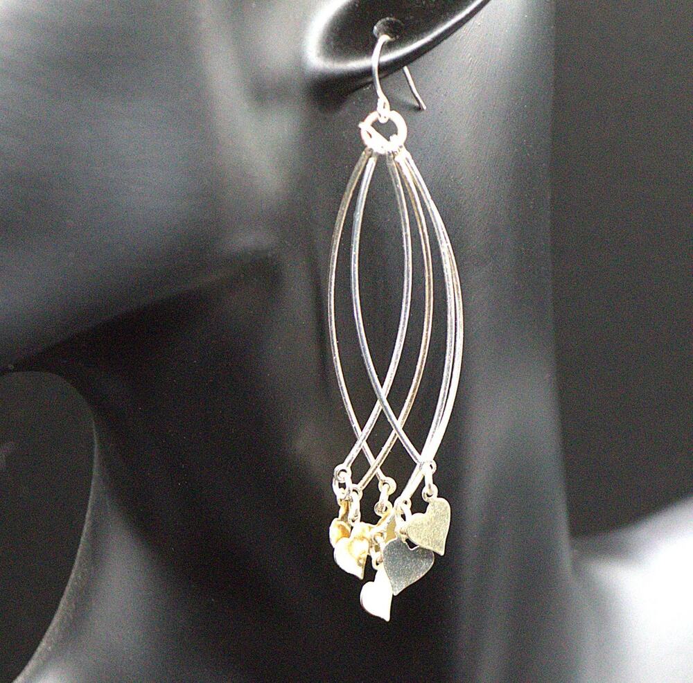 Solid Silver Wire Earrings w/ Silver‑Plated Hearts & Hooks Dangle Design